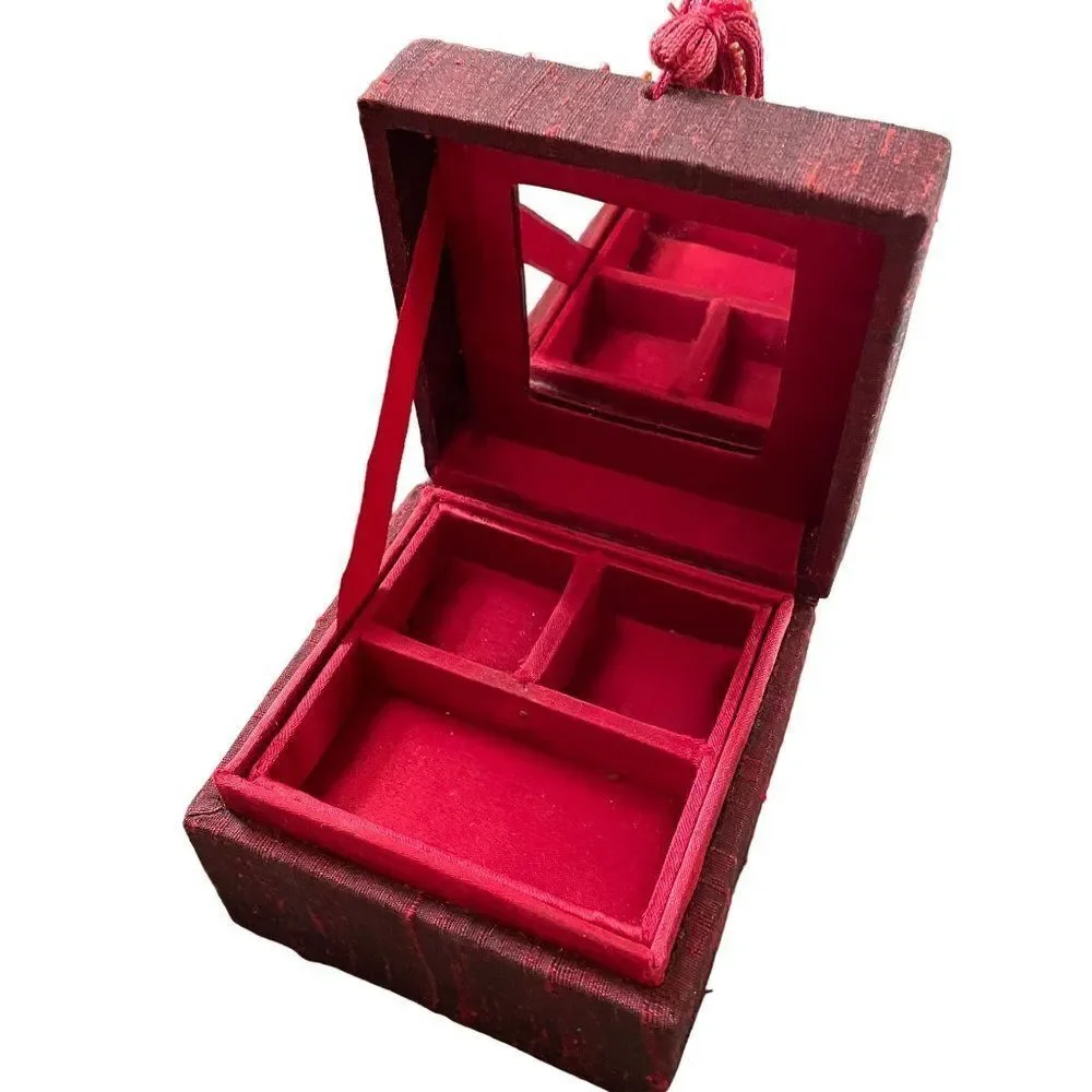 Vintage Red Jewelry Box with bead and tassel 4 x 4 x 3 mirror & removable insert